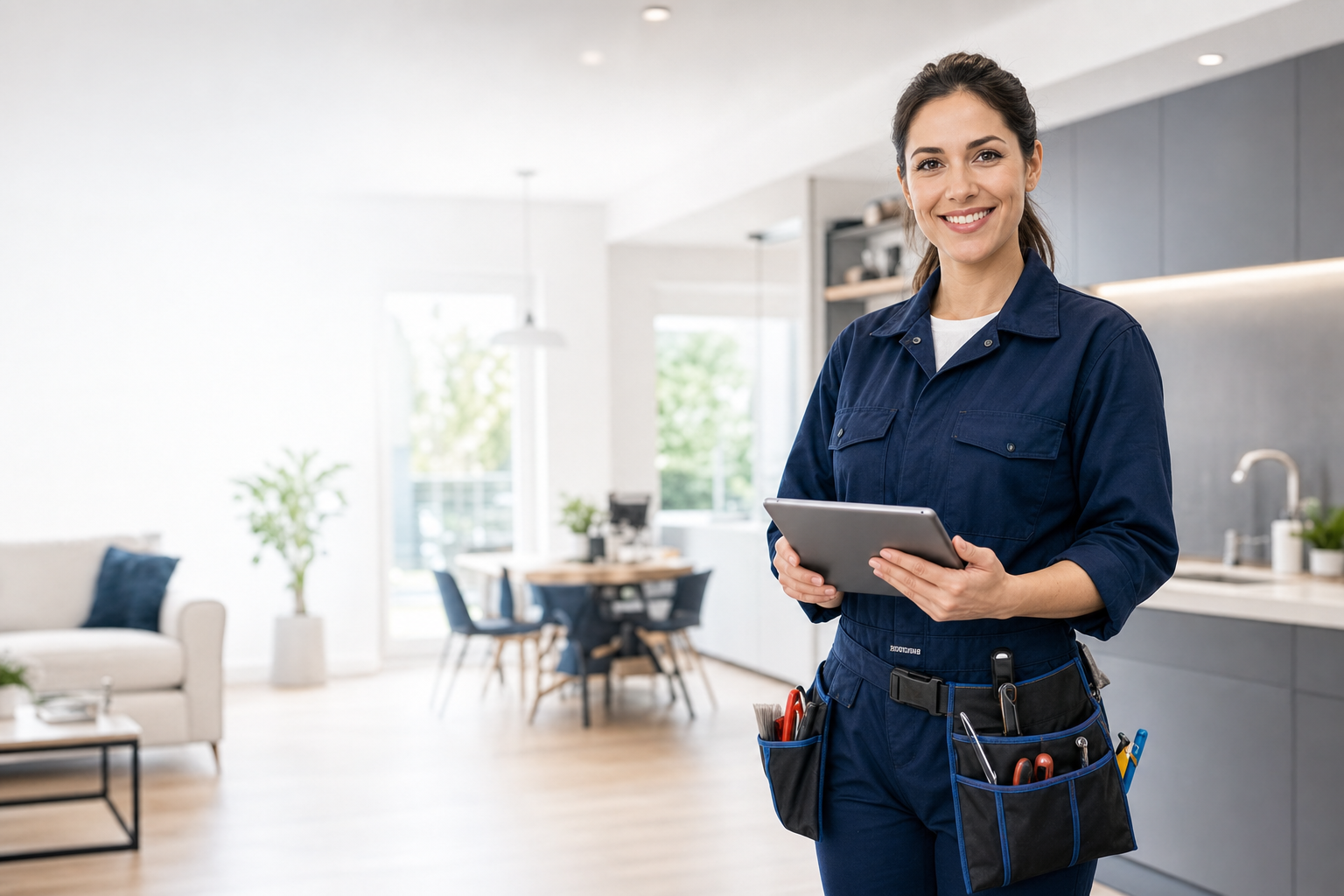 Professional local service provider with tablet in a bright workspace