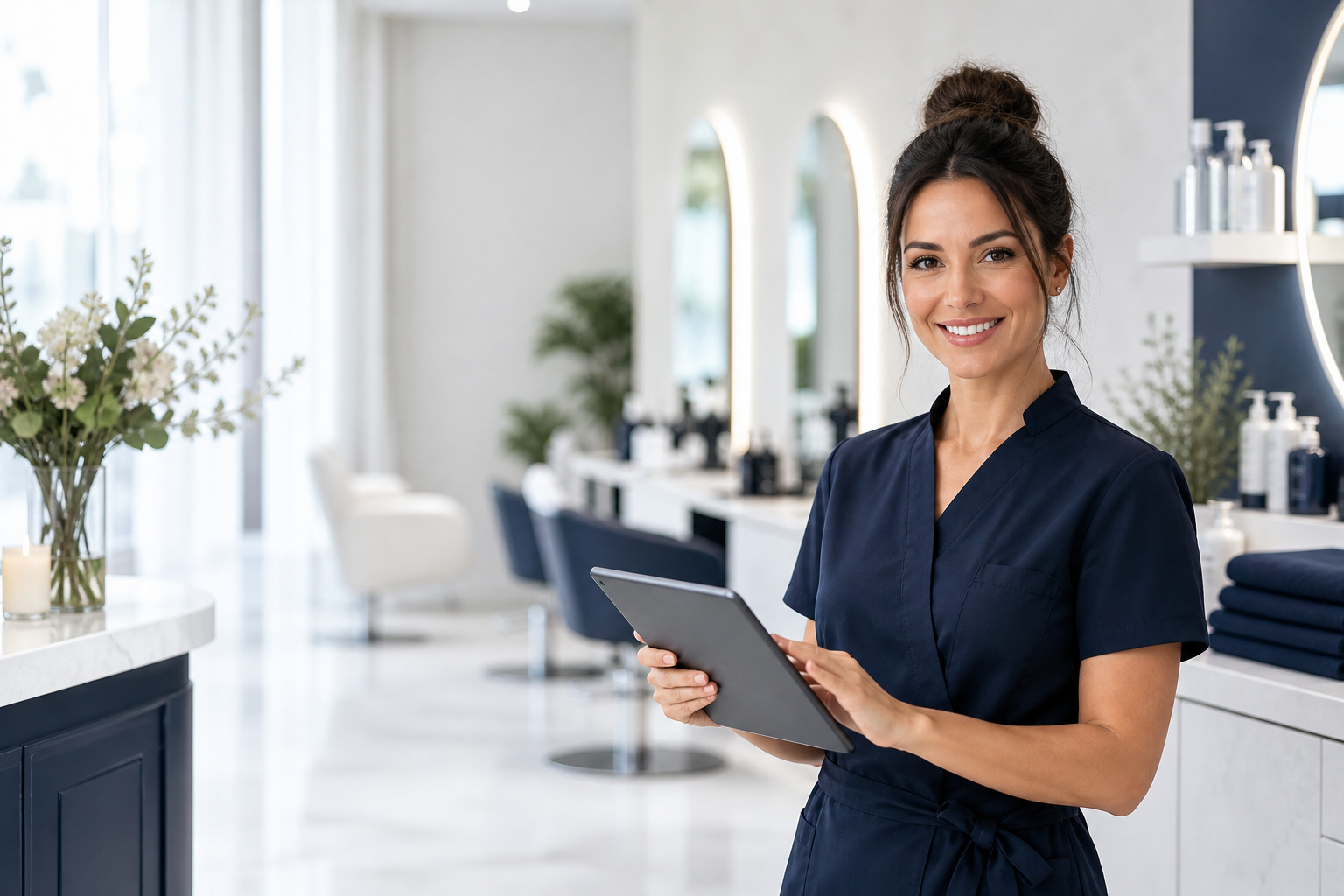 Female service provider managing bookings on a tablet